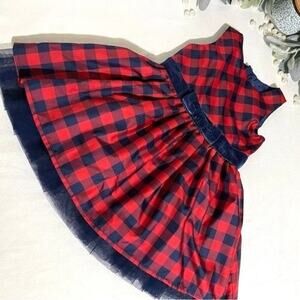 Cat & Jack Dress Girls Size 2T Plaid Red/Navy Velvet Waistband Tulle Lining